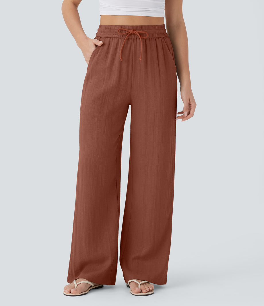 High Waisted Drawstring Pocket Wide Leg Baggy Casual Linen-Feel Pants - Sequoia