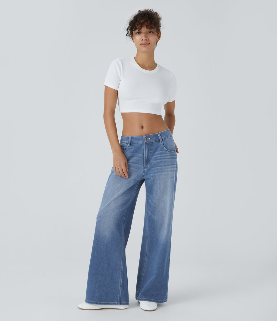 Halara Flex™ Low Rise Zipper Pockets Washed Baggy Wide Leg Casual Jeans - Blue Spruce Denim