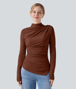 Mock-neck Long Sleeve Ruched Asymmetric Hem Thermal Casual Top - Smoked Paprika