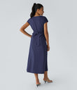 Breezeful™ V Neck Short Sleeve Pocket Tie Back Quick Dry Midi Casual Dress-Longer Length - Patriot Blue