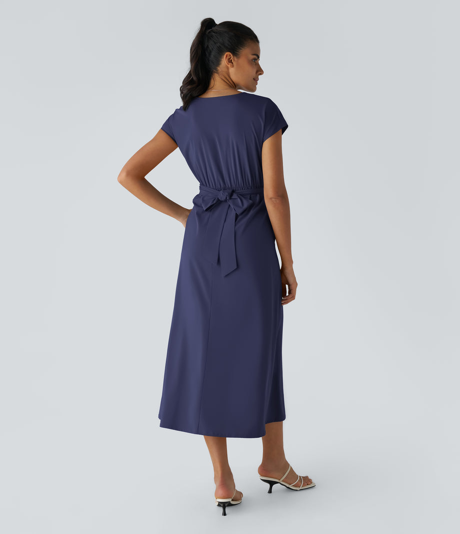 Breezeful™ V Neck Short Sleeve Pocket Tie Back Quick Dry Midi Casual Dress-Longer Length - Patriot Blue