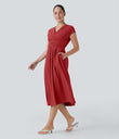 Breezeful™ V Neck Short Sleeve Pocket Tie Back Quick Dry Midi Casual Dress - Pompeian Red