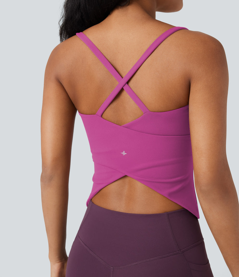 Scoop Neck Crisscross Back Crossover Hem Yoga Cami Top - Rose Violet