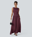 Ribbed Boat Neck Asymmetric Strap Ruched Pocket Flowy Maxi Casual Dress - Maroon Banner