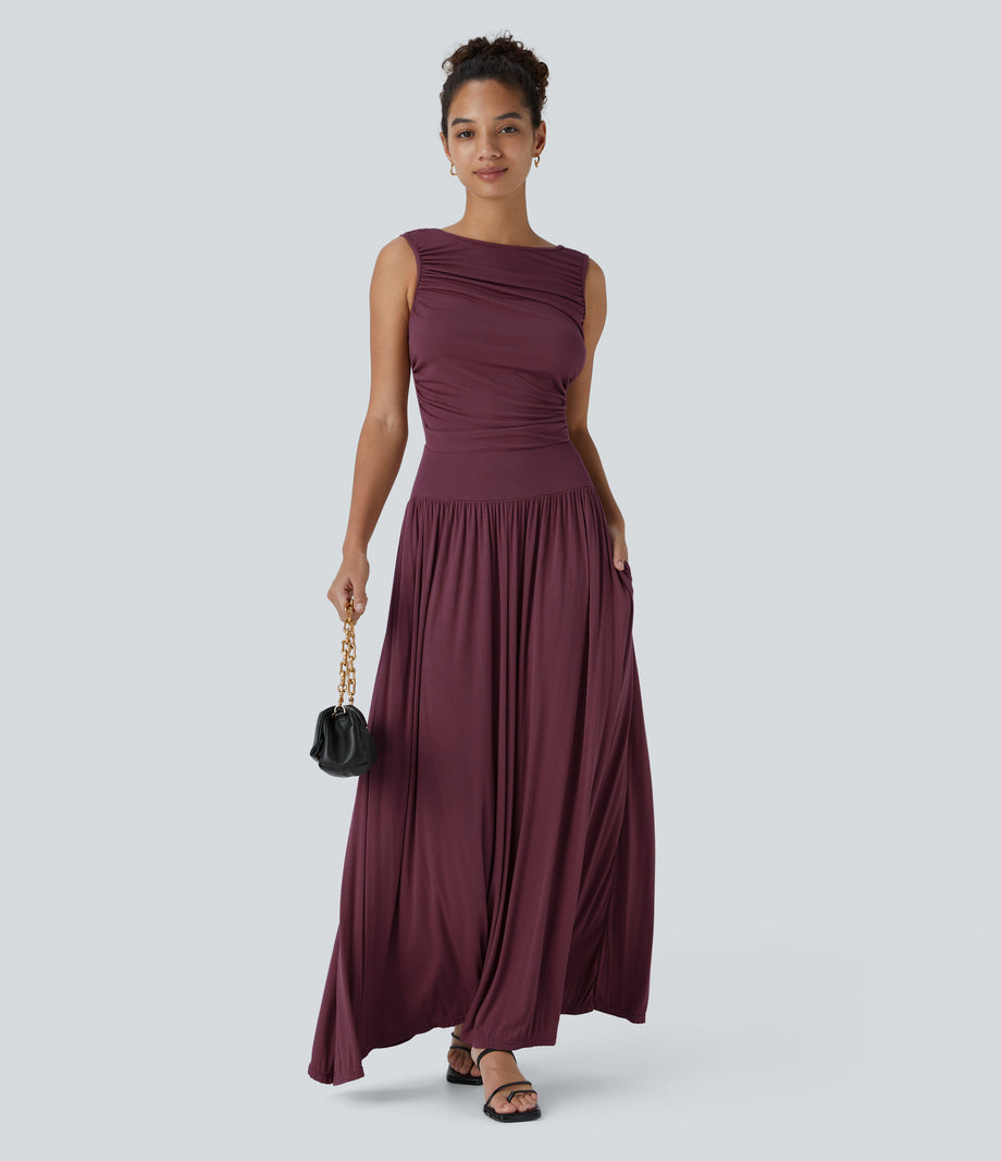 Ribbed Boat Neck Asymmetric Strap Ruched Pocket Flowy Maxi Casual Dress - Maroon Banner