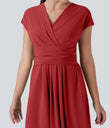 Breezeful™ V Neck Short Sleeve Pocket Tie Back Quick Dry Midi Casual Dress - Pompeian Red
