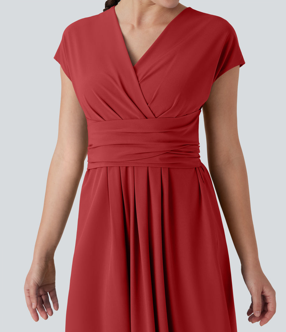 Breezeful™ V Neck Short Sleeve Pocket Tie Back Quick Dry Midi Casual Dress - Pompeian Red