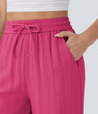 High Waisted Drawstring Pocket Wide Leg Baggy Casual Linen-Feel Pants - Raspberry Sorbet