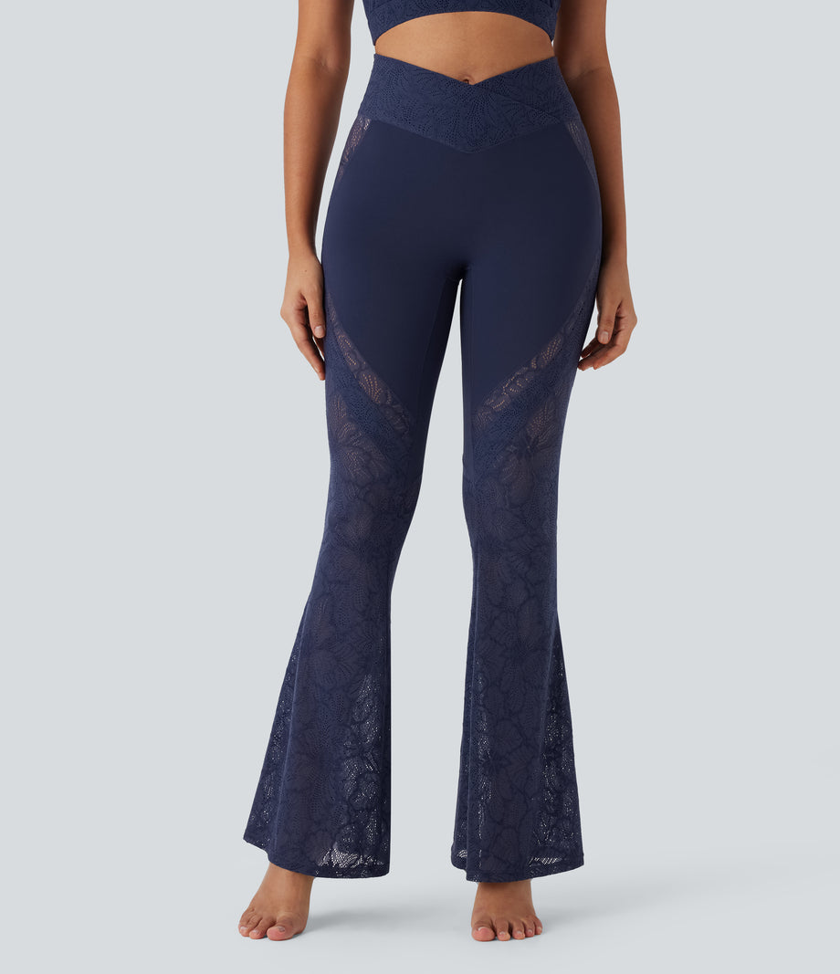 SoftlyZero™ High Waisted Crossover Pocket Contrast Lace Flare Yoga Leggings - Peacoat