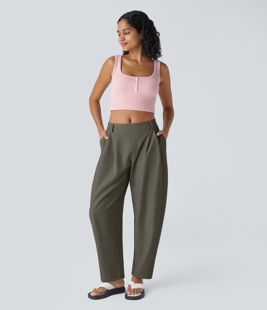 Mid Rise Pocket Barrel Leg Baggy Work Pants - Stone Gray