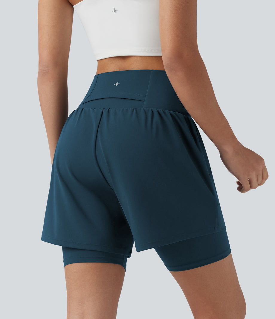 SoftlyZero™ Airy Super High Waisted 2-in-1 Cool Touch Yoga Shorts 7'' with Pockets - Majolica Blue