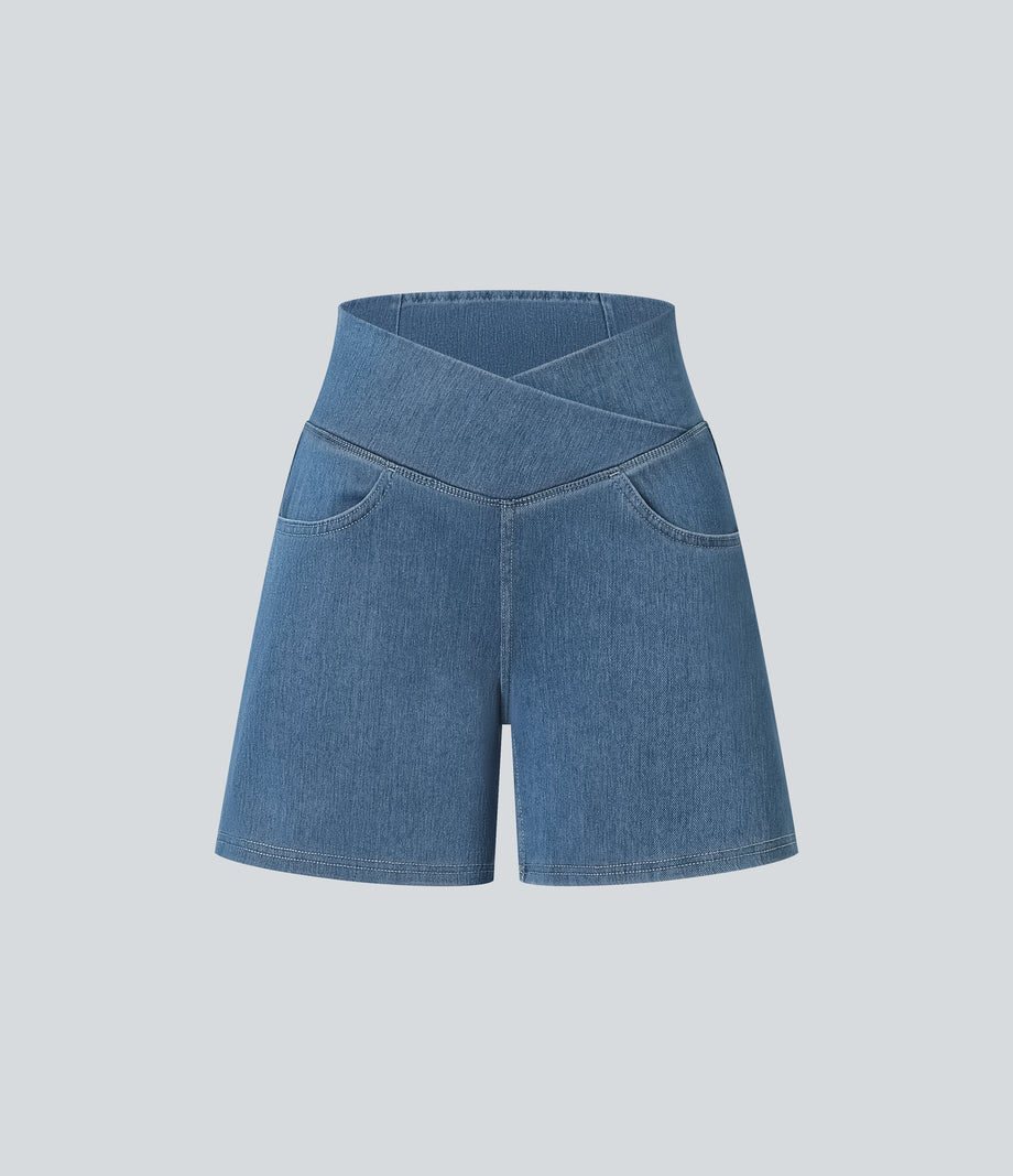 Halara Flex™ Crossover High Waisted Pockets Wide Leg A Line Washed Denim Casual Shorts - Blue Surf Denim