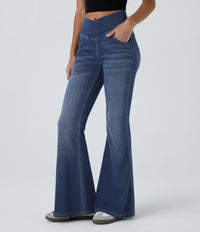 Halara Flex™ High Waisted Crossover Pocket Washed Casual Flare Jeans - Royal Blue Denim
