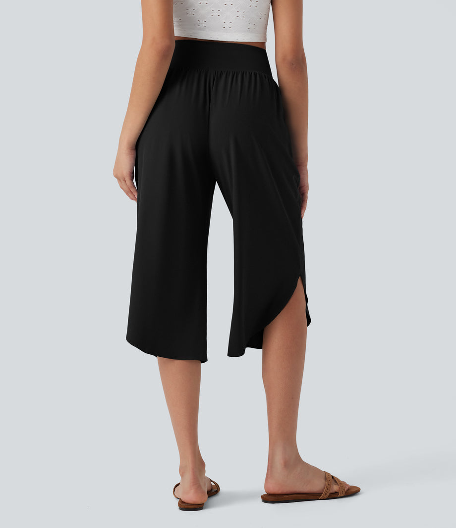 Breezeful™ High Waisted Tummy Control Hem Quick Dry Capri Pants with Pockets - Black