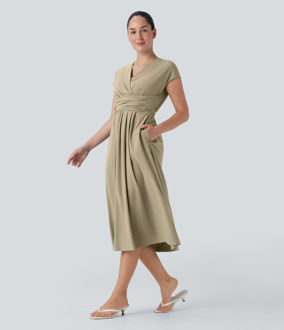 Breezeful™ V Neck Short Sleeve Pocket Tie Back Quick Dry Midi Casual Dress - Fields of Rye