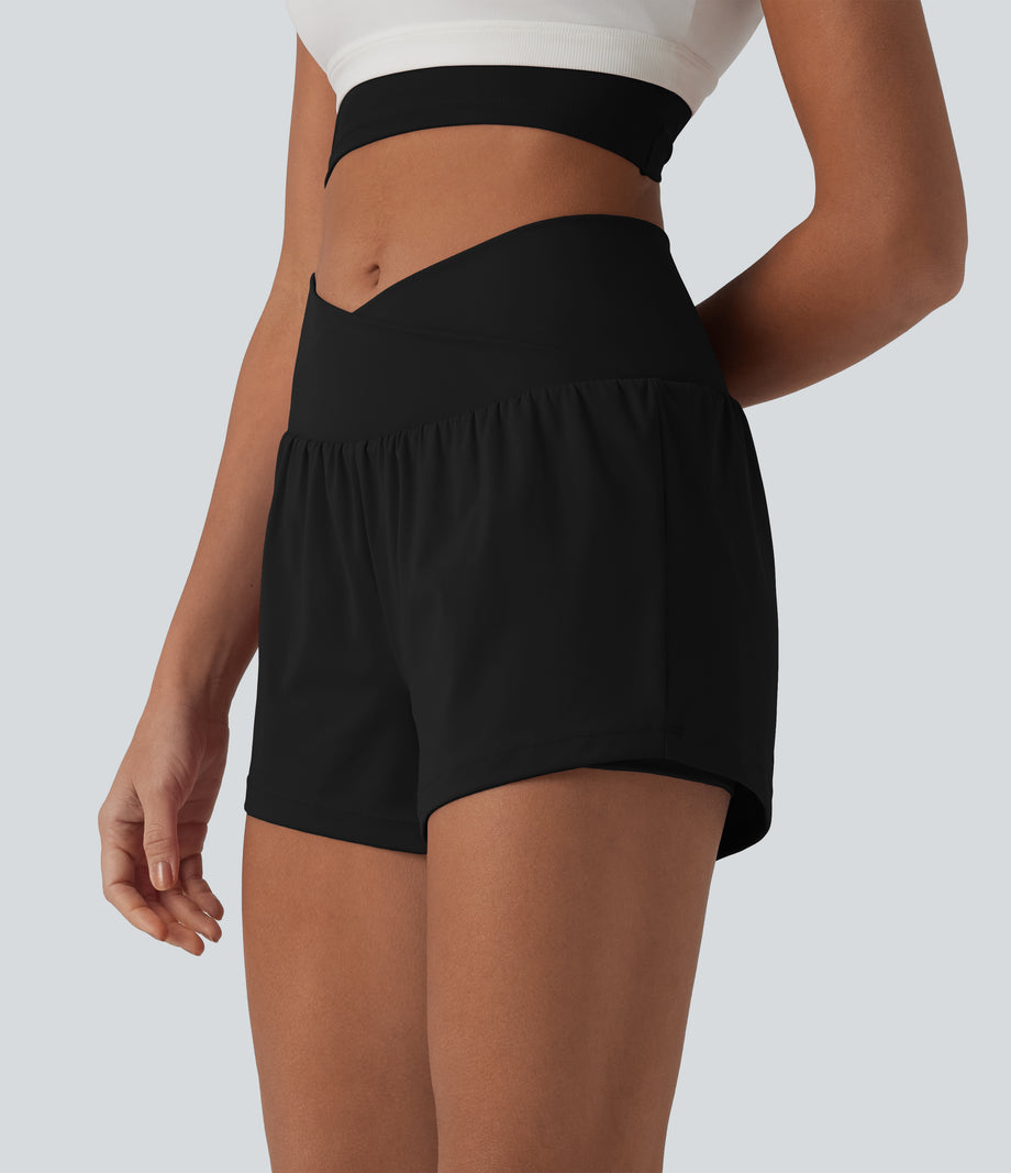 SoftlyZero™ Airy Crossover High Waisted 2-in-1 Cool Touch Yoga Shorts 3'' with Pockets - Black