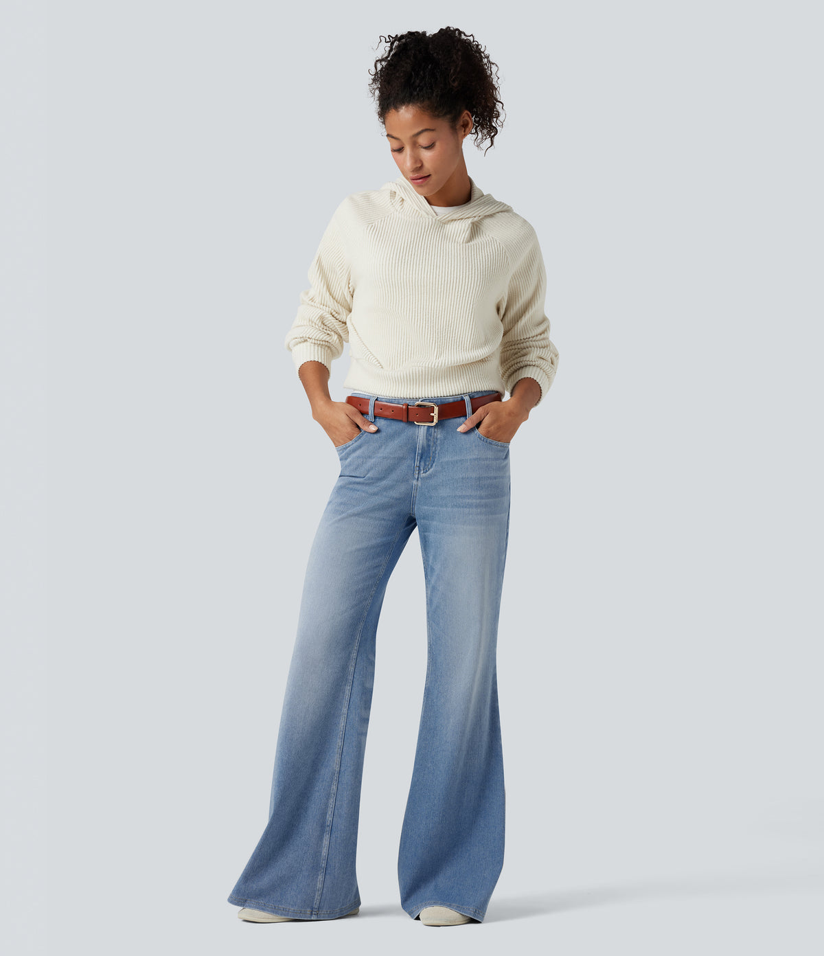 Halara Flex™ Low Rise Flare Washed Casual Jeans with Pockets - Powder Blue Denim
