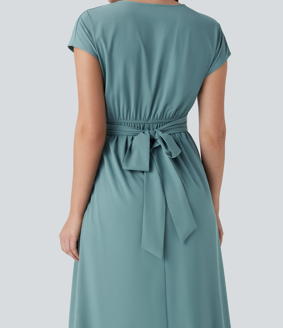 Breezeful™ V Neck Short Sleeve Pocket Tie Back Quick Dry Midi Casual Dress - Stone Blue