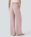 High Waisted Drawstring Pocket Wide Leg Baggy Casual Linen-Feel Pants - Mauveglow