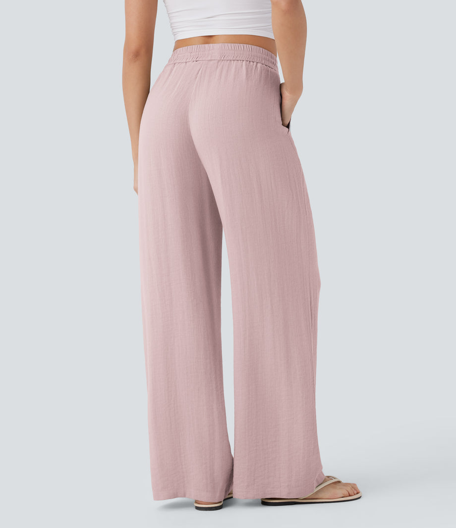 High Waisted Drawstring Pocket Wide Leg Baggy Casual Linen-Feel Pants - Mauveglow