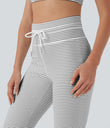 High Waisted Drawstring Stripe Flare Yoga Pants with Pockets - Zebra Ripple