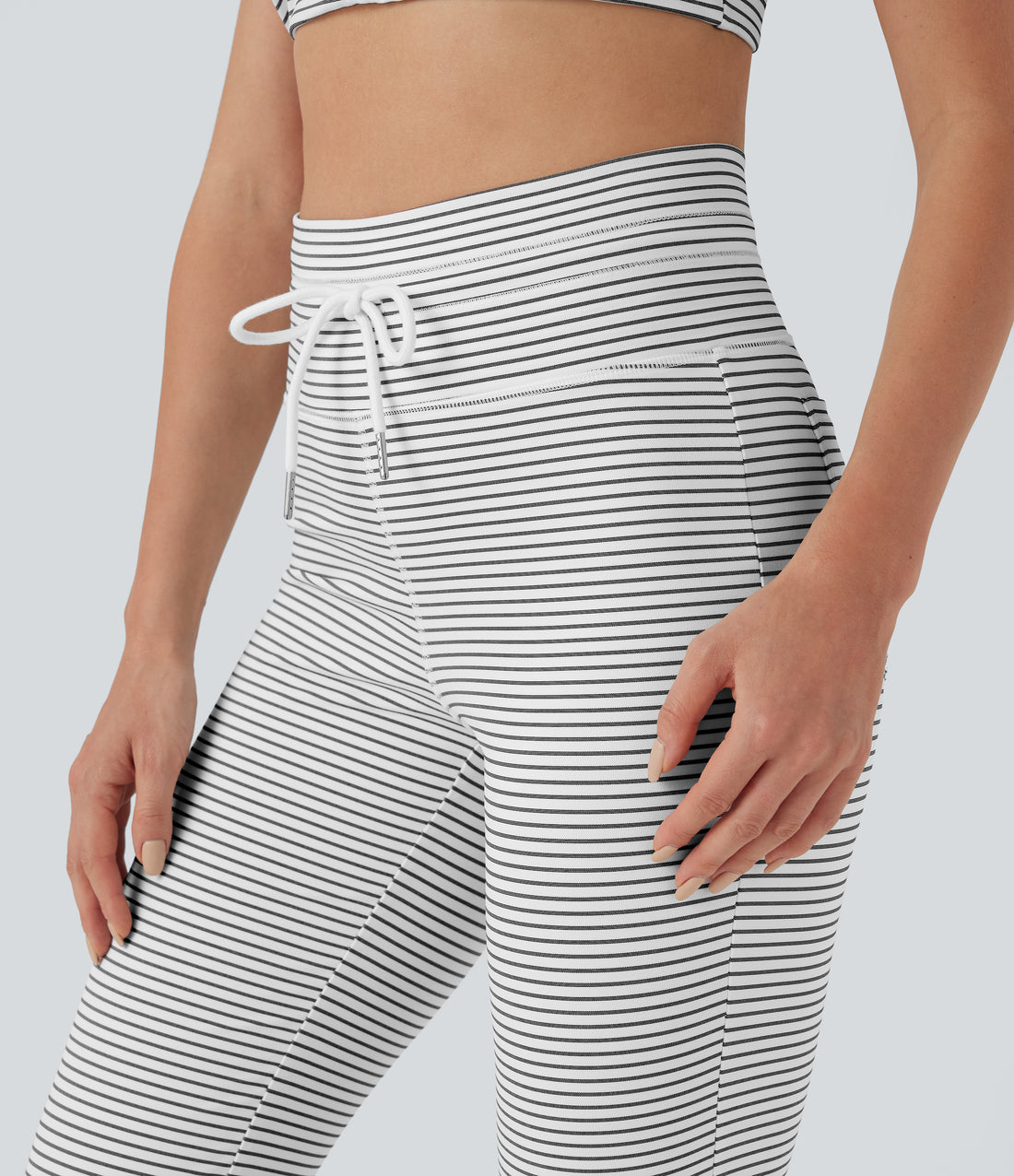High Waisted Drawstring Stripe Flare Yoga Pants with Pockets - Zebra Ripple
