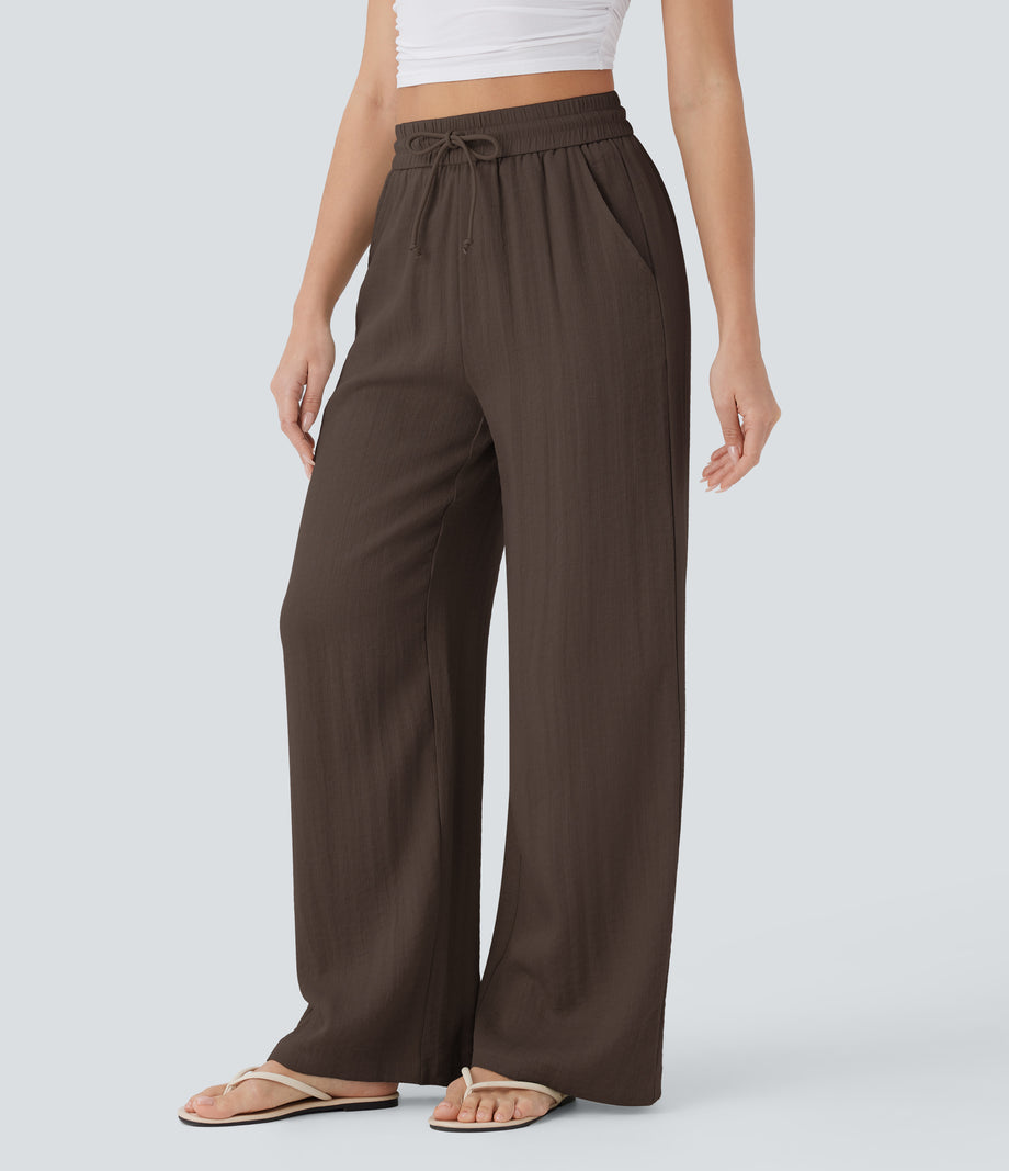 High Waisted Drawstring Pocket Wide Leg Baggy Casual Linen-Feel Pants - Chocolate Martini
