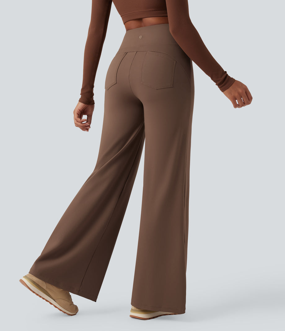 DayStretch High Waisted Tummy Control Wide Leg Baggy Yoga Pants with Pockets - Sepia