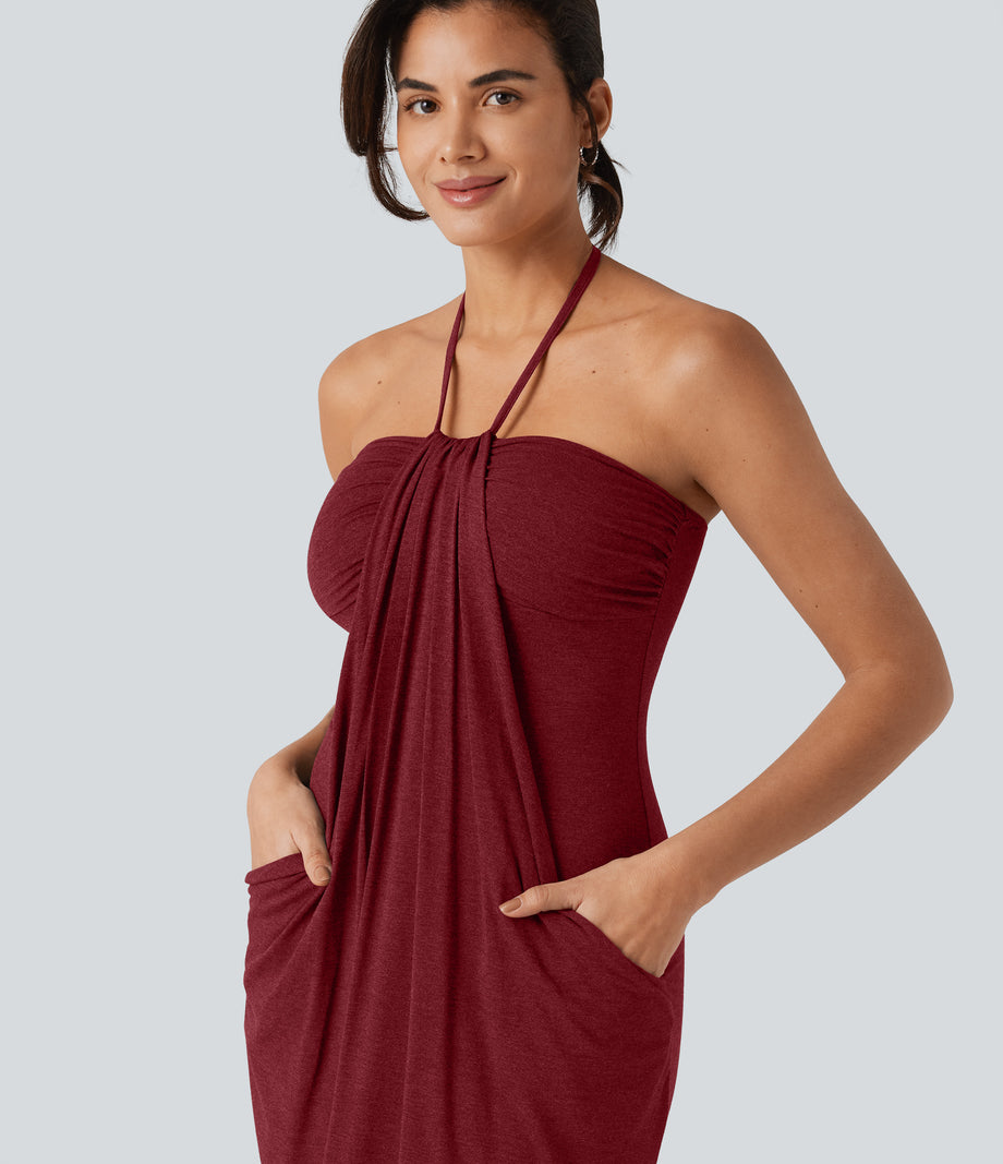 Halter Tie Back Mini Resort Dress with Pockets - Emboldened