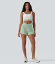 SoftlyZero™ Airy Crossover High Waisted 2-in-1 Cool Touch Yoga Shorts 3'' with Pockets - Light Bean Green