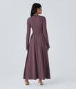 Mock-neck Long Sleeve Pocket Flare Maxi Casual Dress - Plum Wine