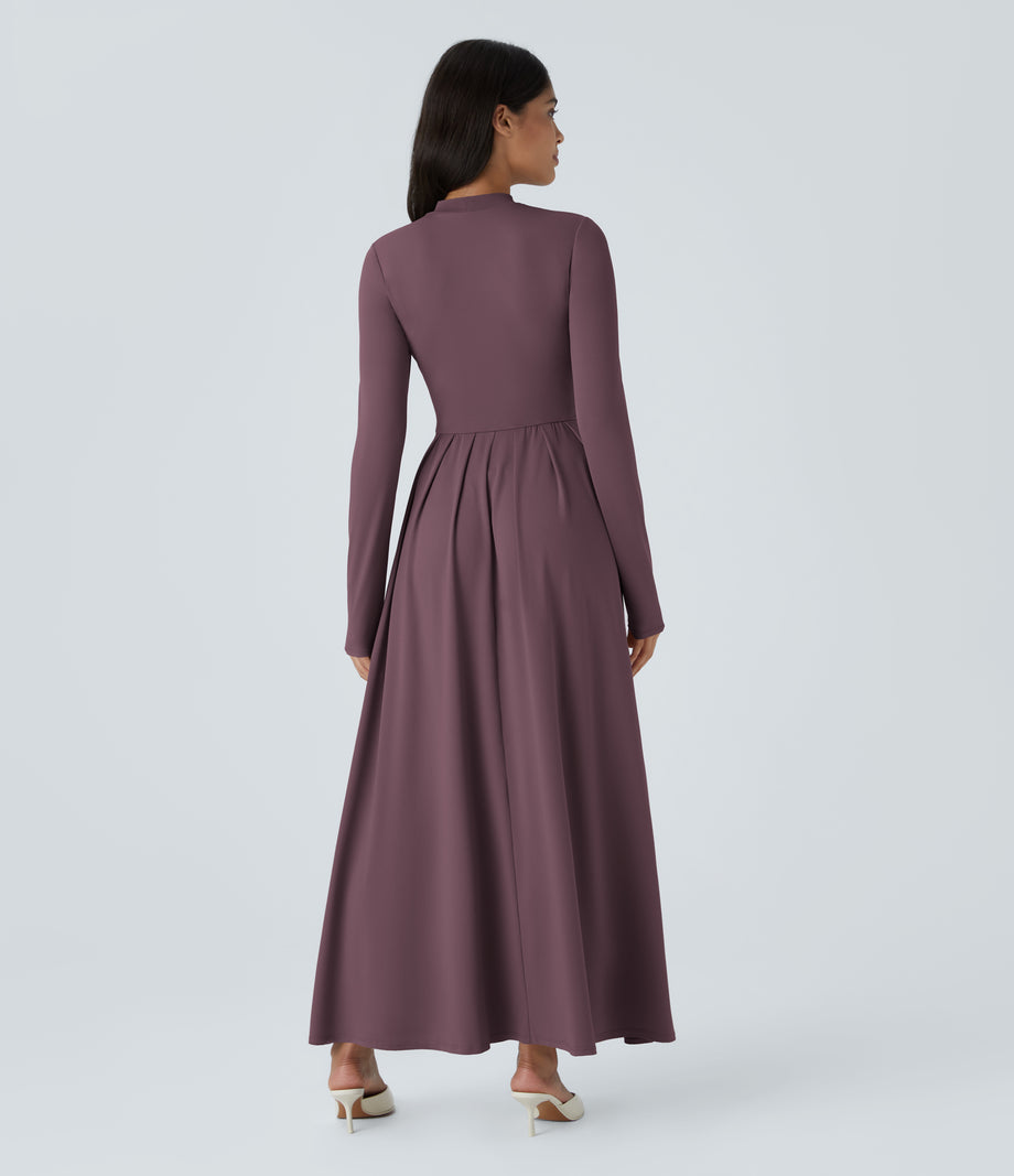 Mock-neck Long Sleeve Pocket Flare Maxi Casual Dress - Plum Wine
