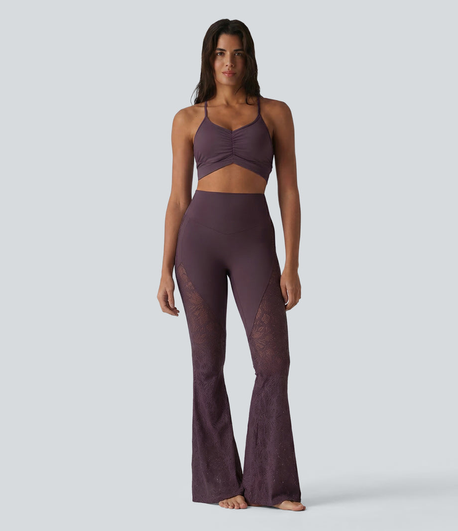 Halara UltraSculpt™ High Waisted Tummy Control Contrast Lace Yoga Flare Leggings with Pocket - Night's Purple