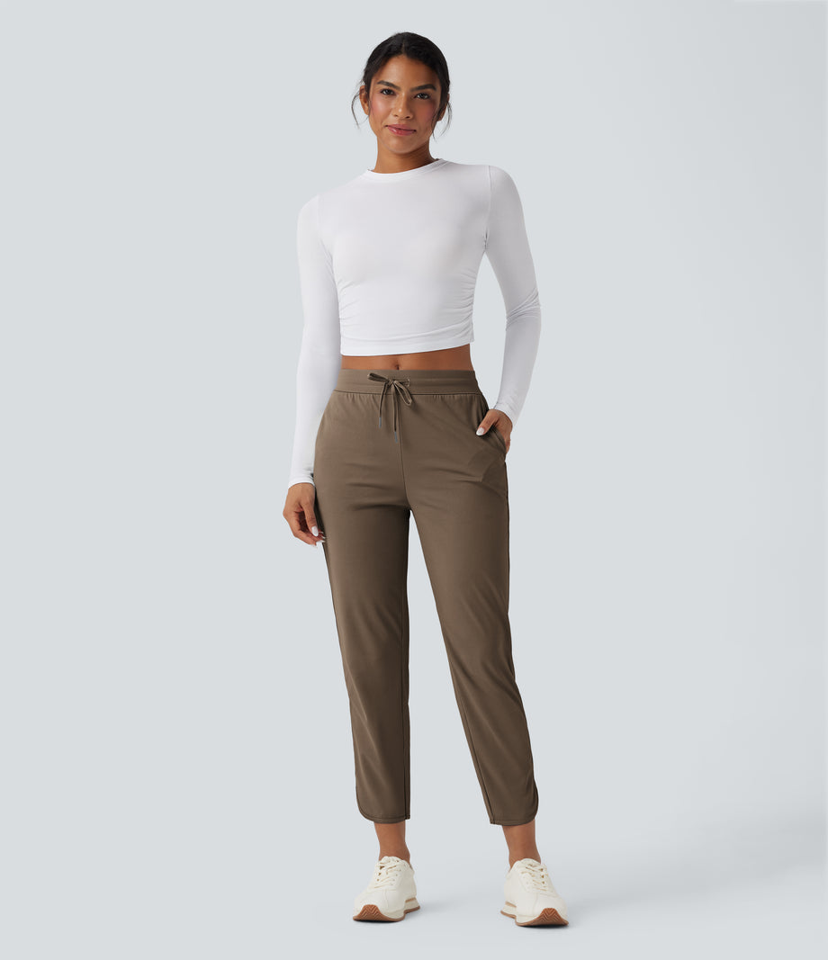 Mid Rise Drawstring Curved Hem Quick Dry Golf Tapered Pants with Pockets-UPF40+ - Shitake