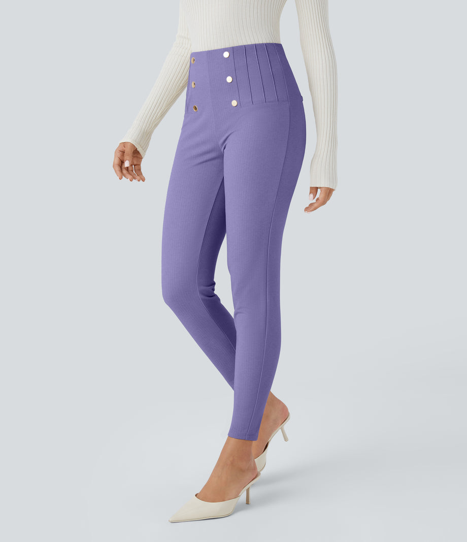 High Waisted Tummy Control Decorative Back Zipper Pockets Herringbone Work Leggings - Aster Purple