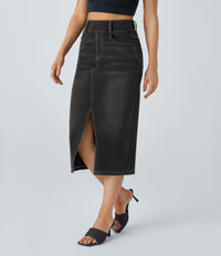 Halara Flex™ High Waisted Pockets Bodycon Washed Denim Casual Midi Skirt - Dirty Grey Black Denim