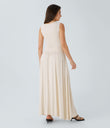 Ribbed Boat Neck Asymmetric Strap Ruched Pocket Flowy Maxi Casual Dress - Rice Khaki