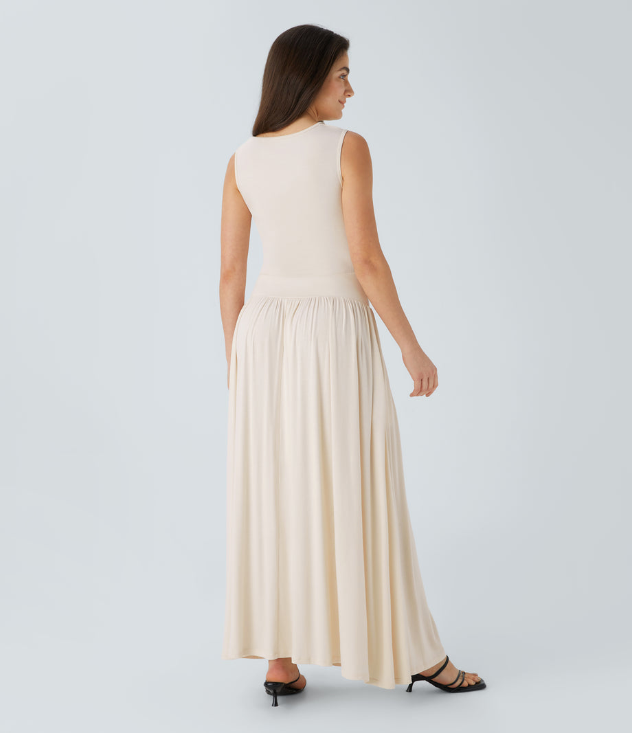 Ribbed Boat Neck Asymmetric Strap Ruched Pocket Flowy Maxi Casual Dress - Rice Khaki