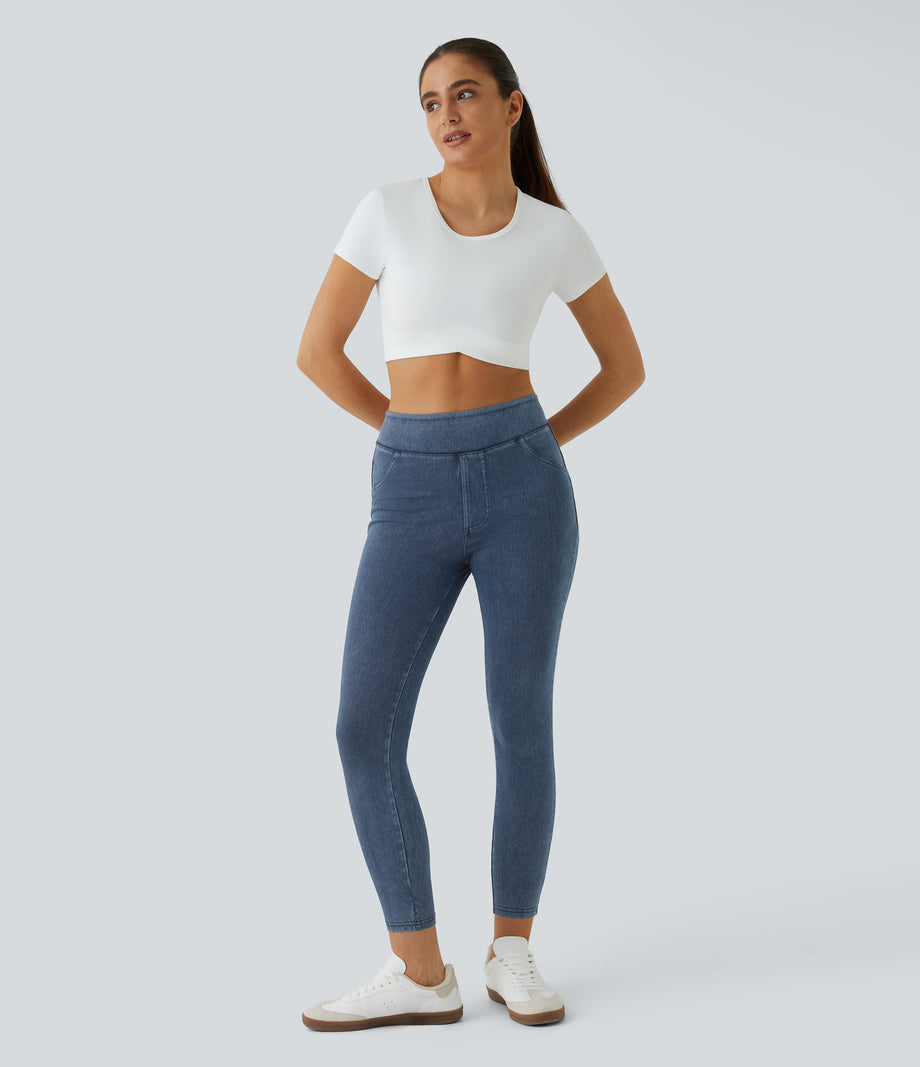 Halara Flex™ High Waisted Pocket Denim Casual Leggings - Washed Denim Bleached Blue