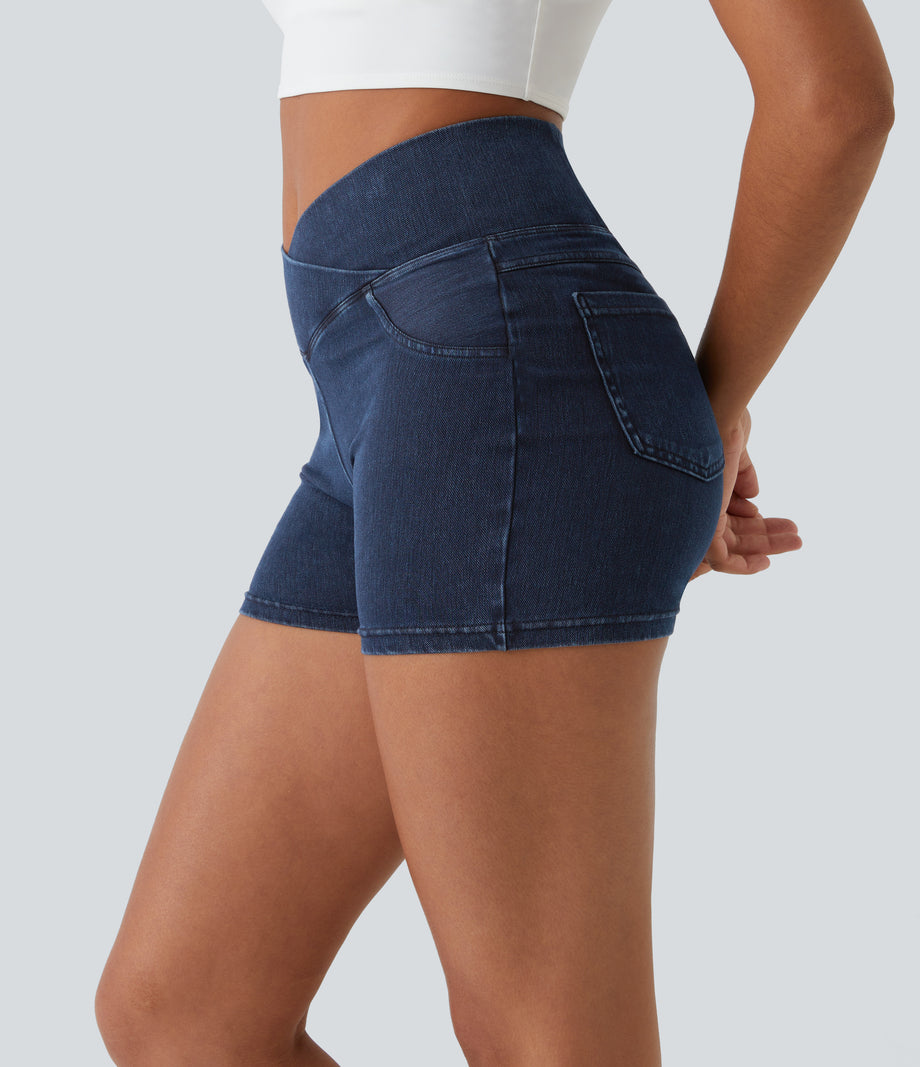 Halara Flex™ High Waisted Crossover Pocket Denim Casual Shorts 3" - Washed Denim Navy Blue