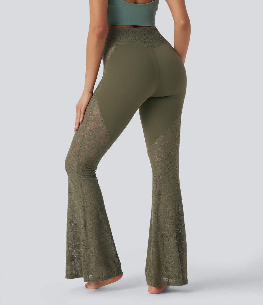 SoftlyZero™ High Waisted Crossover Pocket Contrast Lace Flare Yoga Leggings - Grass Grey Green