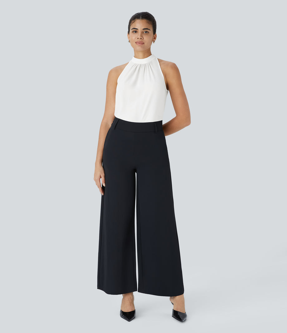 Keyhole Back Halter Sleeveless Curved Hem Work Blouse - Fish Belly White