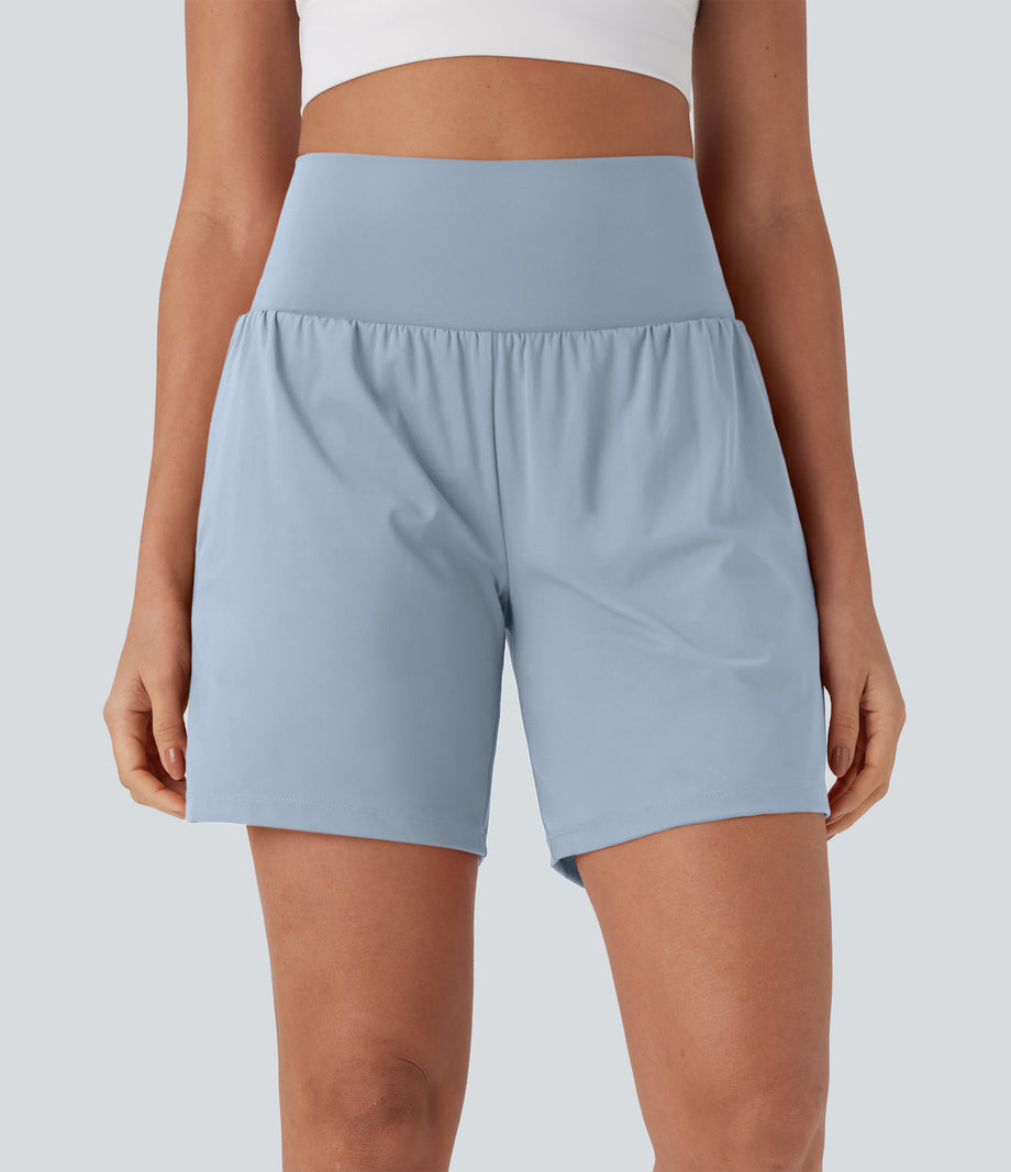 SoftlyZero™ Airy Super High Waisted 2-in-1 Cool Touch Yoga Shorts 7" with Pockets - Baby Blue