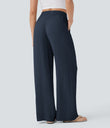 High Waisted Drawstring Pocket Wide Leg Baggy Casual Linen-Feel Pants - Dark Blue