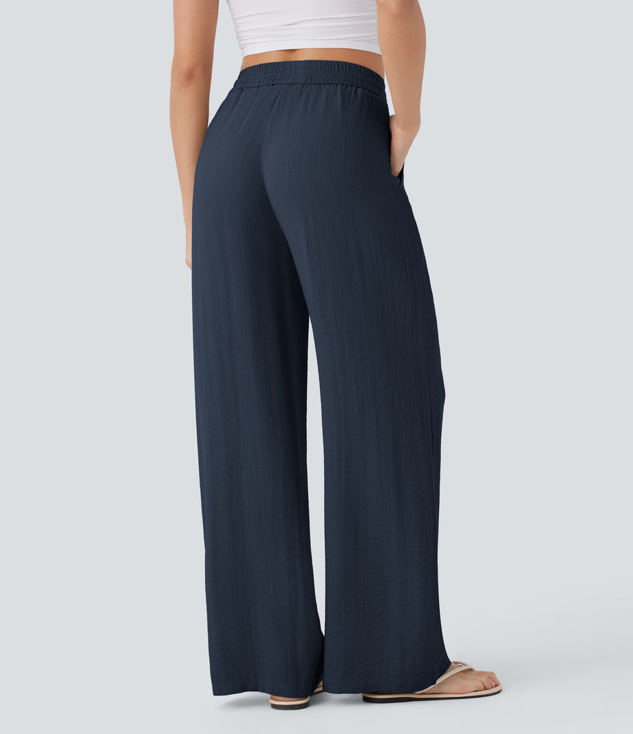 High Waisted Drawstring Pocket Wide Leg Baggy Casual Linen-Feel Pants - Dark Blue