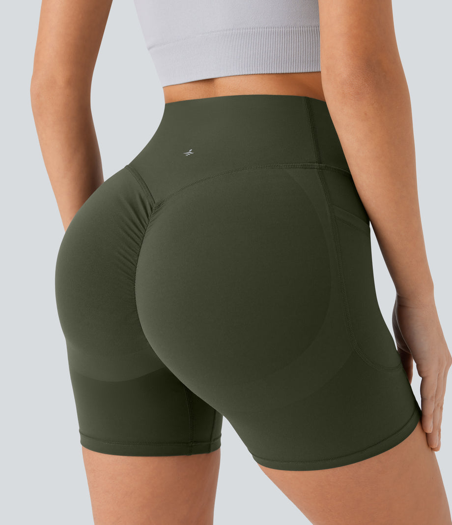 Halara UltraSculpt™ High Waisted Scrunch Butt Lifting Tummy Control Pocket Shaping Workout Biker Shorts 5'' - Deep Woodland Green
