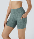 High Waisted Pocket Running Biker Shorts - Green Leopard Print