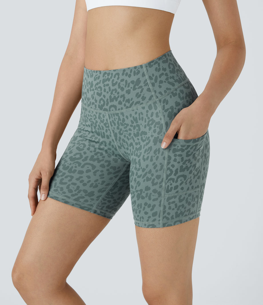 High Waisted Pocket Running Biker Shorts - Green Leopard Print
