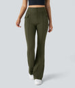 High Waisted Side Flap Pocket Flare Casual Cargo Pants - Forest Night
