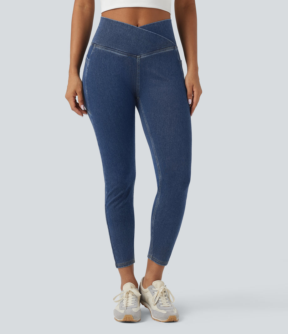 Halara Flex™ Crossover Pocket Washed Denim Work Leggings - Tide Blue Denim
